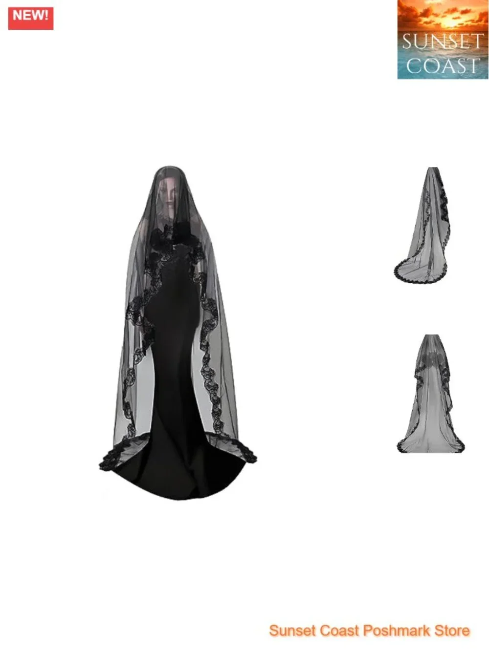 Black Lace Bridal Veil Long Tulle Wedding Shawl Halloween Witch Cos Headdress
